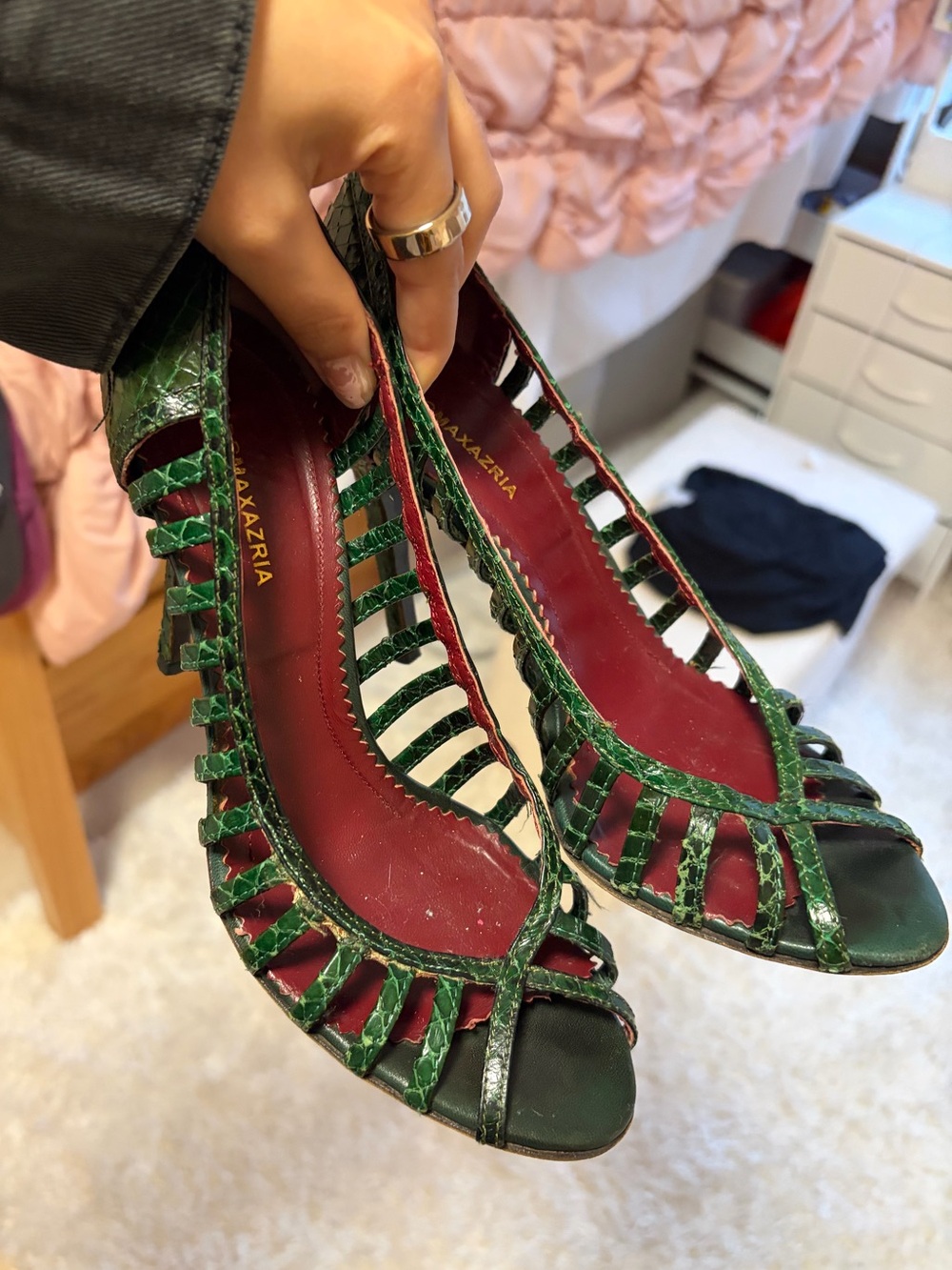 Green Braided Leather Open-Toe Flats